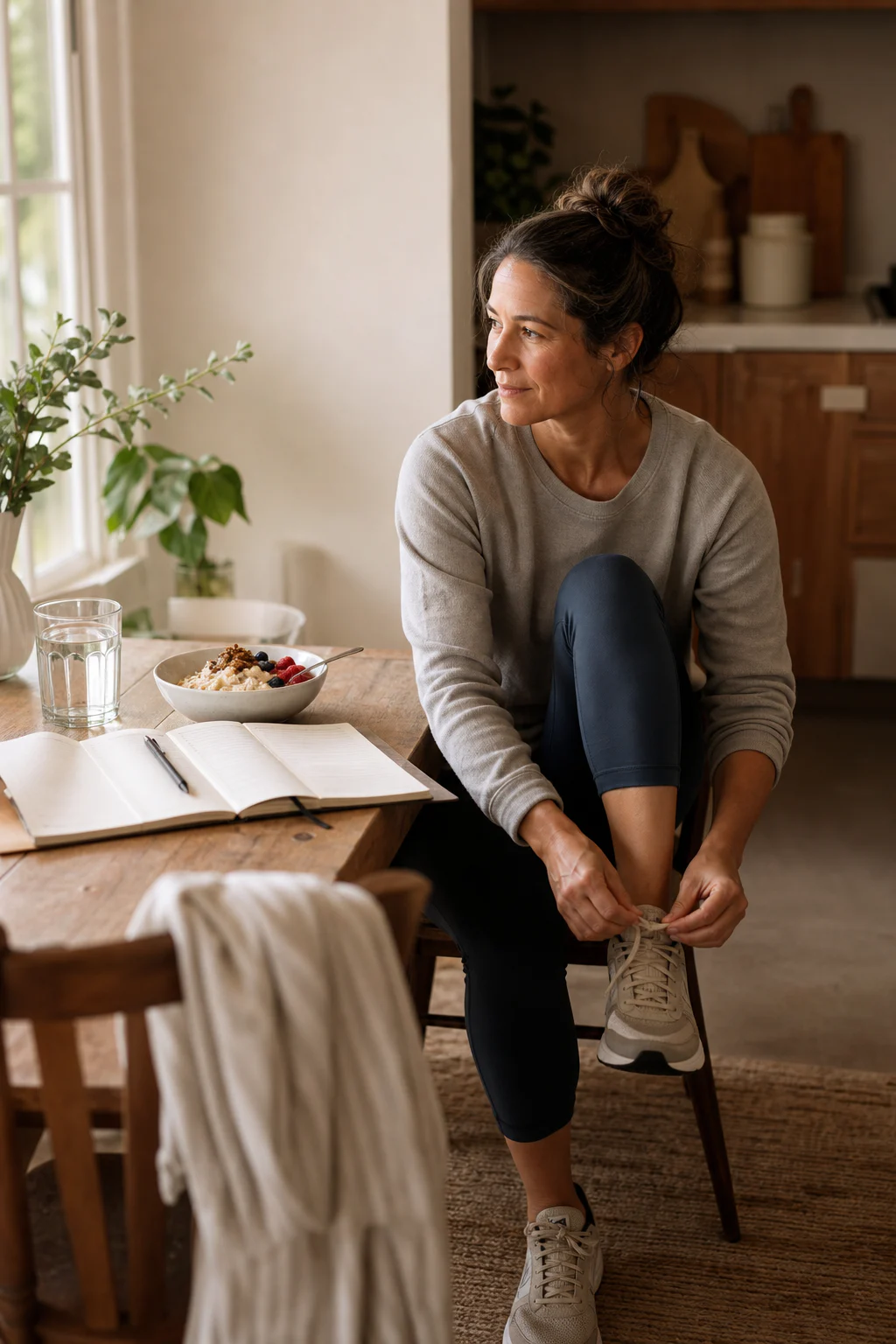 A woman tying her walking shoe beside a balanced breakfast and an open daily planner