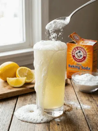 A lemon drink with baking soda ingredients on a kitchen table
